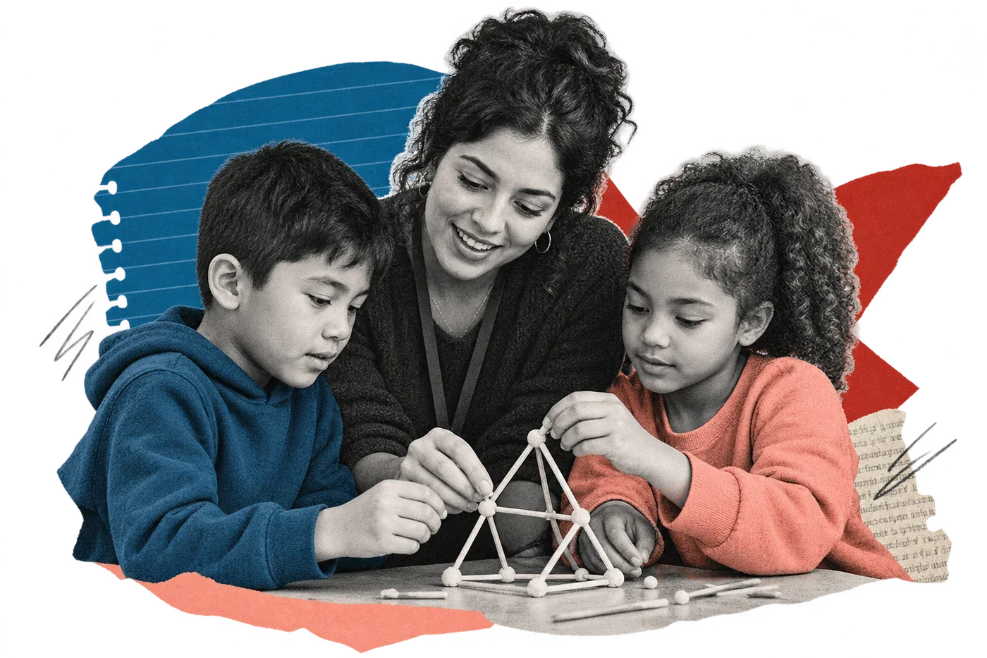 Editorial collage of a teacher and two children building a geometric model together.